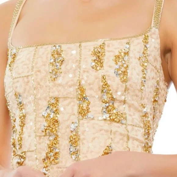 Mac Duggal Nude/Gold Sequin Embellished Midi Dress Size 0  NWOT  #10770 - Picture 3 of 11